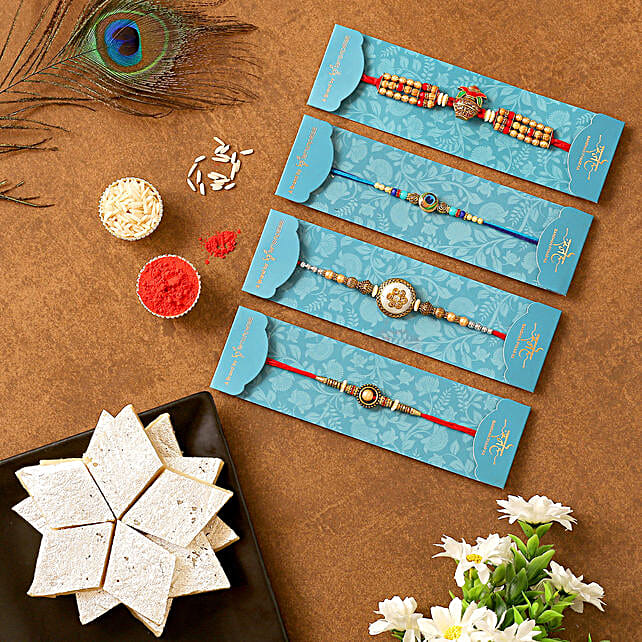 Set Of 4 Designer Rakhis Kaju Katli Combo Uae Gift Set Of 4