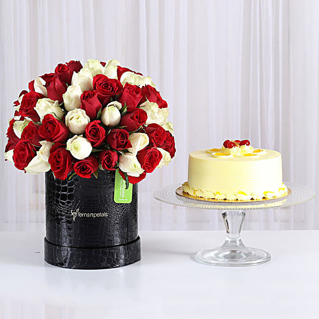 Buy/Send 80 Red & White Roses Box with Butterscotch Cake Online- FNP