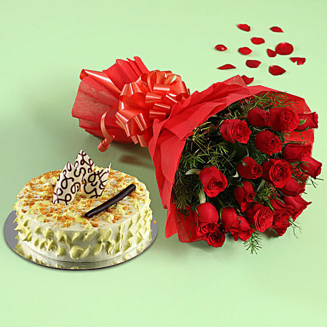 Buy/Send Lavish Red Roses & Eggless Butterscotch Cake- 1 Kg Online- FNP